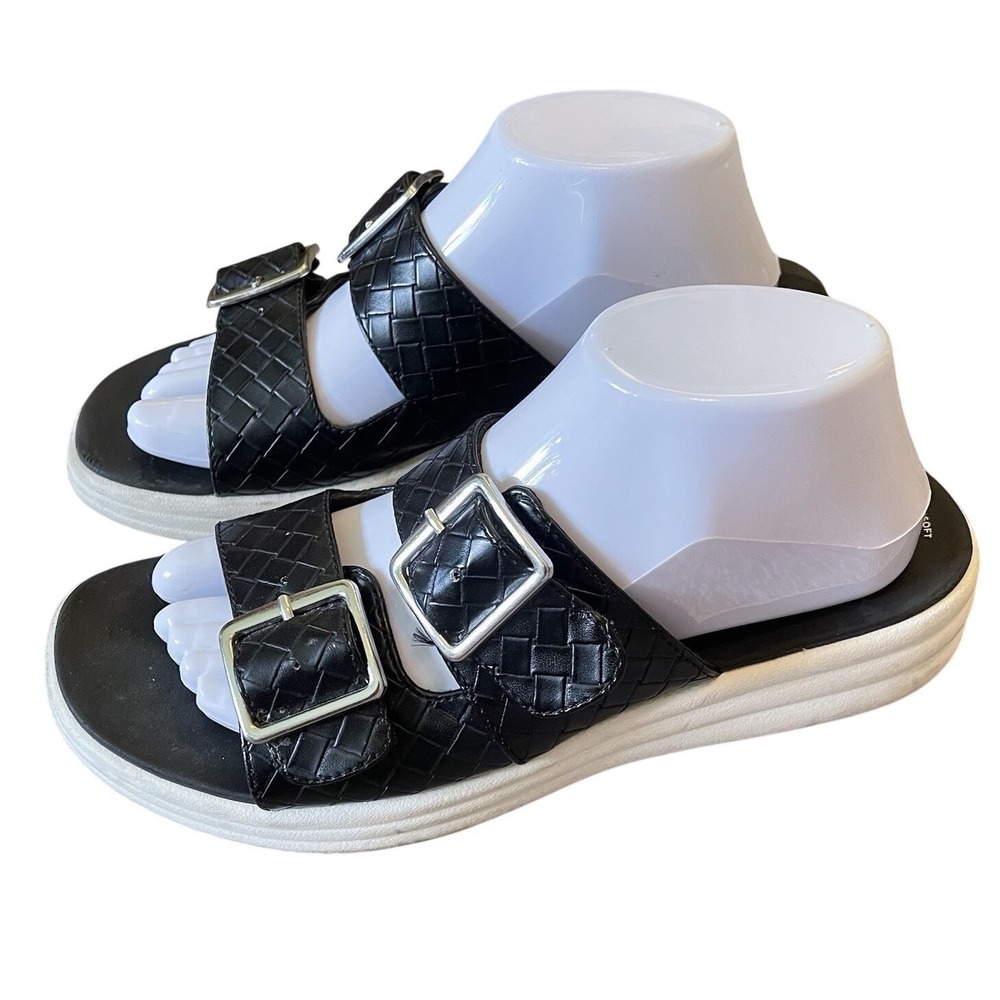 Clarks Cloudsteppers Women 7 Drift Buckle Black Faux Leather Platform Sandals
